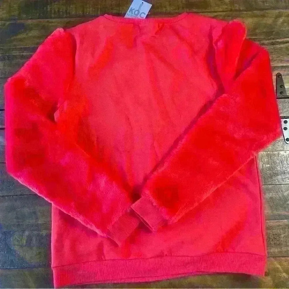 Red KOC Faux Fur Sleeved Top, Soft Sweatshirt, Christmas, Namaste in the N Pole - Picture 5 of 5